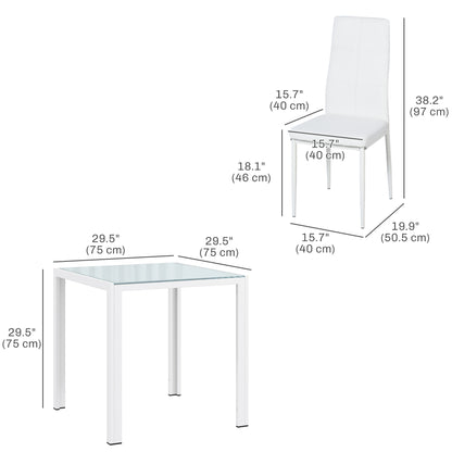 Ensemble de tables et chaises en verre avec structure en métal et revêtement en similicuir pour salle à manger, blanc