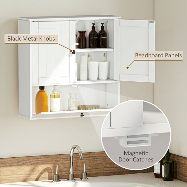 Wall-mounted bathroom cabinet, farmhouse style, with adjustable shelves and drop-down door, white