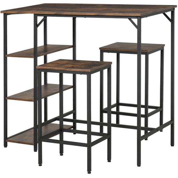 Ensemble table et chaises de cuisine style industriel pour 2 personnes, comprenant une table de bar et des tabourets, marron rustique.