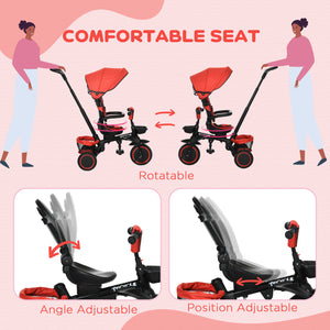 6-in-1 Toddler Tricycle for 12-50 Months, Foldable with Adjustable Seat, Safety Harness, Removable Canopy, Red