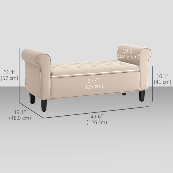 50 Inches Storage Ottoman, Upholstered Bedroom Bench with Rolled Arms and Button Tufted Storage, Beige