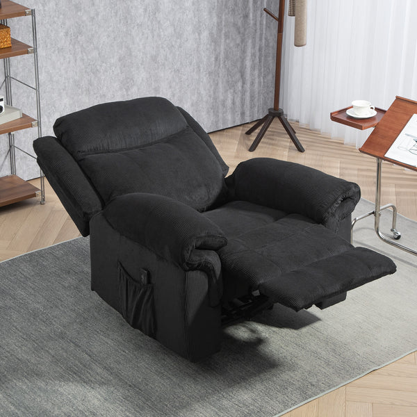 Fauteuil inclinable manuel avec massage par vibrations, poches latérales, en velours côtelé, noir