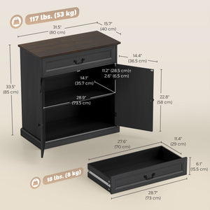 Buffet style ferme, plateau épais, tiroir silencieux et étagère réglable, finition bois noir.