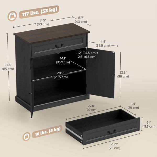 Buffet style ferme, plateau épais, tiroir silencieux et étagère réglable, finition bois noir.