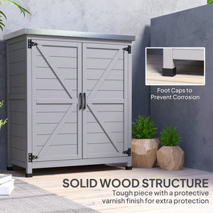 Garden storage unit with metal top, shelf and double door, grey