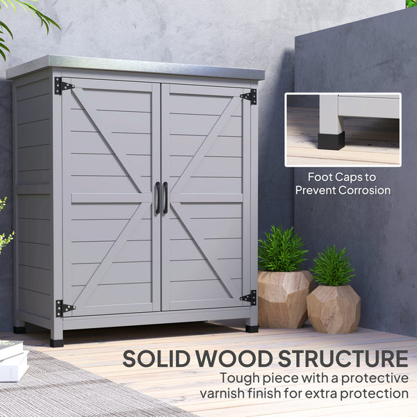 Garden storage unit with metal top, shelf and double door, grey