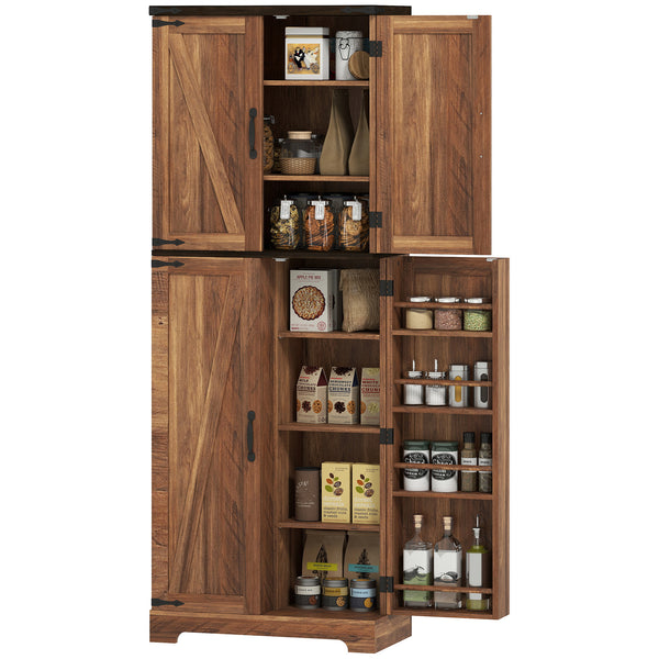 Armoire garde-manger haute effet bois brun avec 10 tablettes et 8 porte-épices