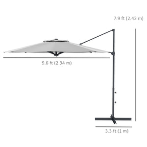 Parasol déporté 3 m, en aluminium, pivotant à 360°, avec manivelle, inclinable et base croisée, gris