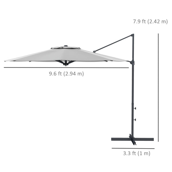 Parasol déporté 3 m, en aluminium, pivotant à 360°, avec manivelle, inclinable et base croisée, gris