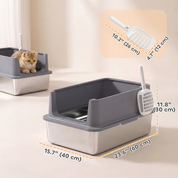 2 Pack XL Stainless Steel Litter Box with Scoops, High-Sided, for Large and Multiple Cats, Anti-Urine Leakage