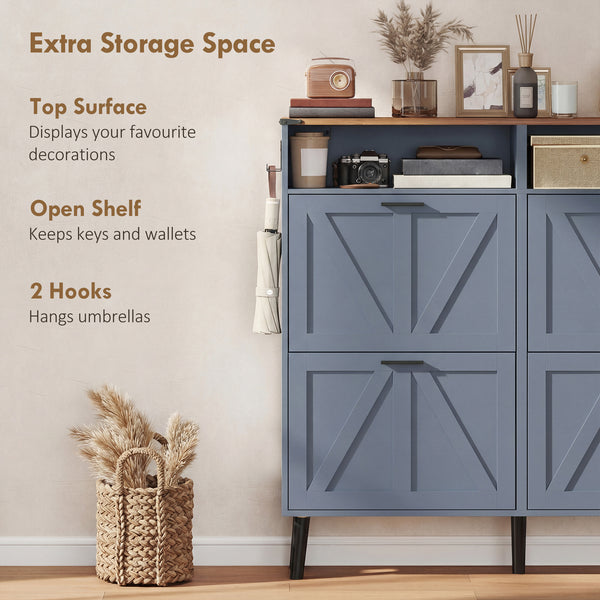 Shoe cabinet with 4 tip-out drawers, country style, narrow, holds up to 24 pairs, blue
