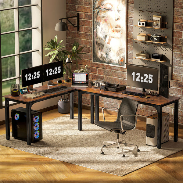 Bureau d'ordinateur 71" avec pieds en métal, brun rustique