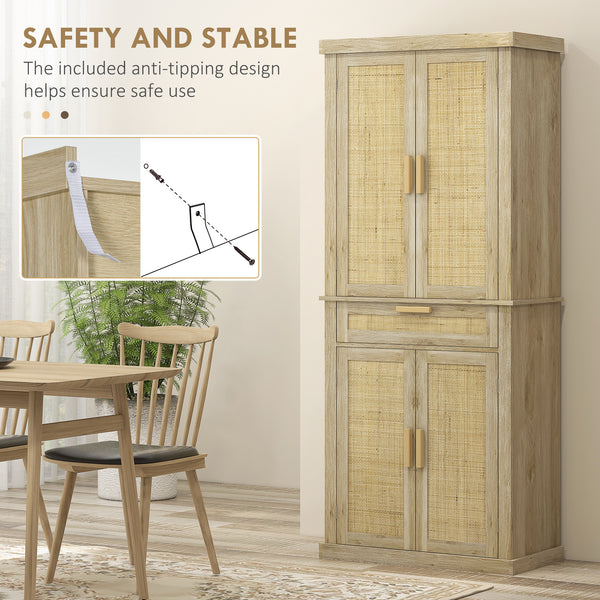 Garde-manger en rotin avec 4 portes, tiroir, étagère à 5 niveaux, étagères réglables, couleur chêne