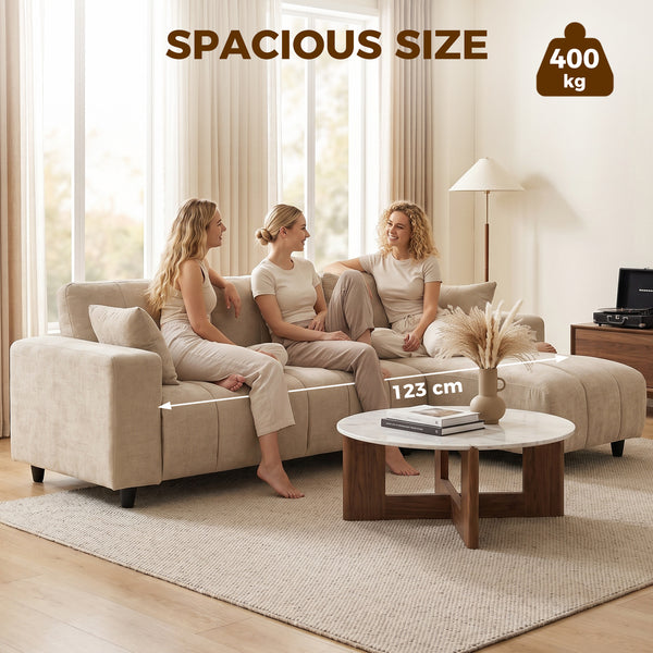 Canapé sectionnel en L beige avec méridienne réversible et ressorts ensachés, beige