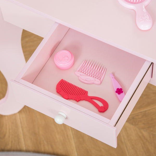 Coiffeuse pour enfants avec miroir et tabouret, rose