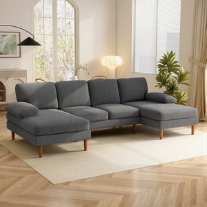 Canapé d'angle en forme de U avec double méridienne 4 places avec pieds en bois, gris foncé