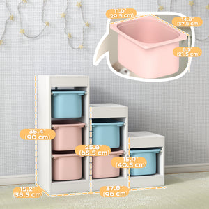 Étagère de rangement à 3 niveaux avec 6 bacs en plastique, bleu et rose