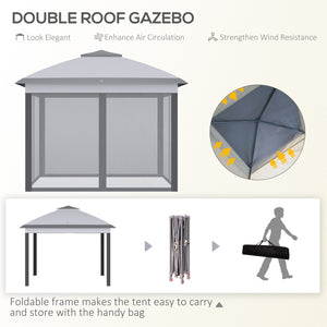 Gazebo pliant 11' x 11', tente pliable à double toit avec parois latérales en maille zippée, hauteur réglable et sac de transport, gris