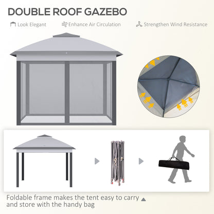 Gazebo pliant 11' x 11', tente pliable à double toit avec parois latérales en maille zippée, hauteur réglable et sac de transport, gris