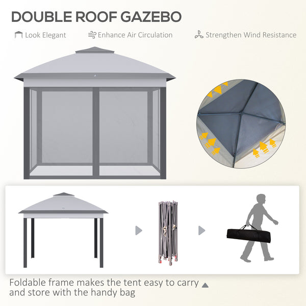 Gazebo pliant 11' x 11', tente pliable à double toit avec parois latérales en maille zippée, hauteur réglable et sac de transport, gris