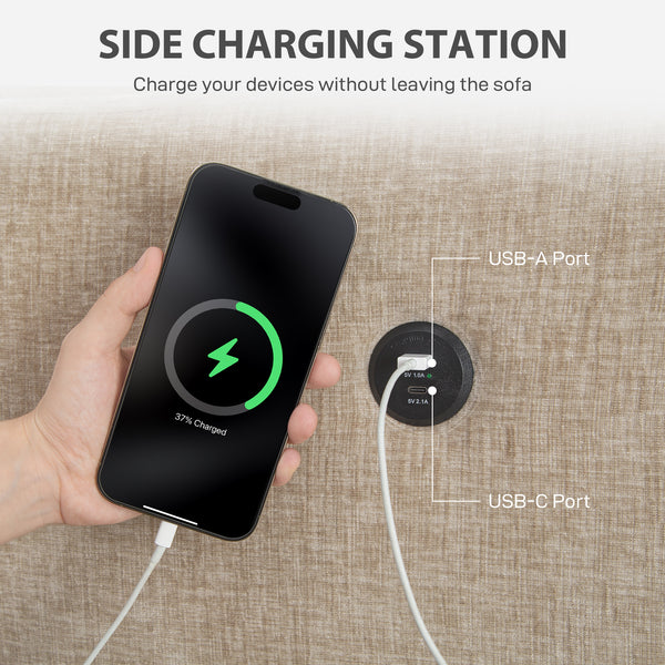 Canapé 3 places avec ports USB et porte-gobelets, marron clair
