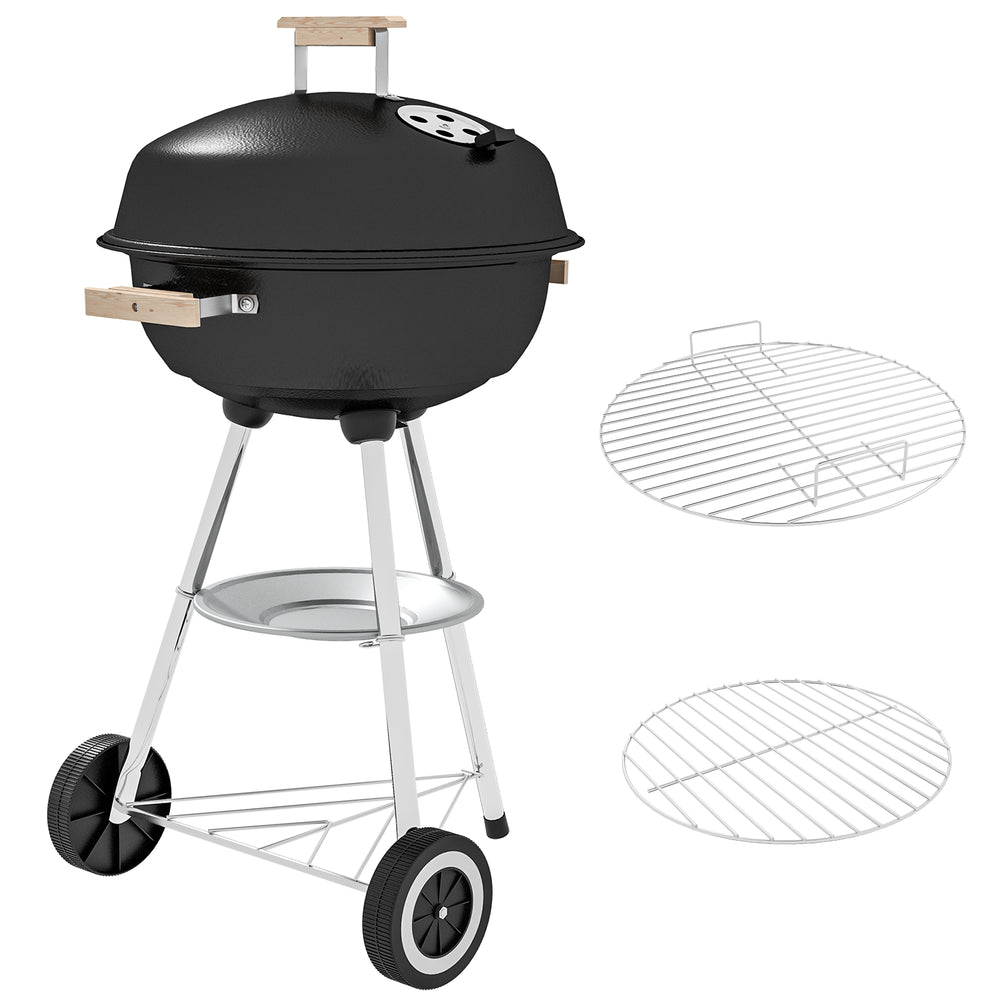 Portable Charcoal BBQ Grill, Steel Outdoor Camp Picnic Cooker with Lid, Air Vents, Wheels and Storage Shelf, Black