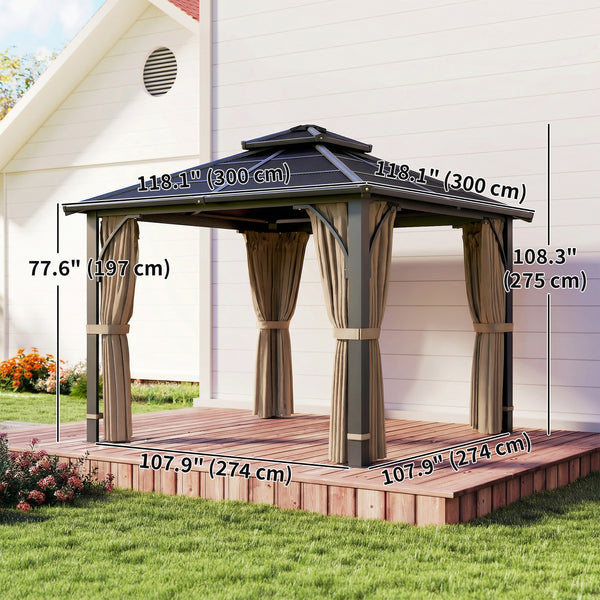 Gazebo rigide 10' x 10'  avec toit double en polycarbonate avec moustiquaire et rideaux, kaki