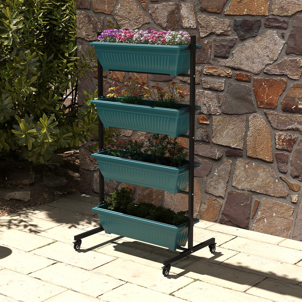 Jardinière surélevée verticale à 4 niveaux avec 4 bacs, roulettes et support pour plantes d'extérieur, vert