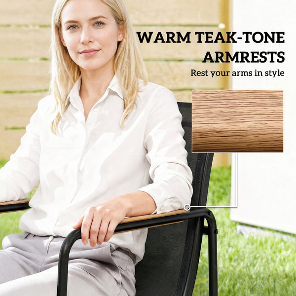 Ensemble de salle à manger d'extérieur 7 pièces pour 6 personnes, table en verre et chaises avec accoudoirs décoratifs, toile en maille résistante aux intempéries, noir