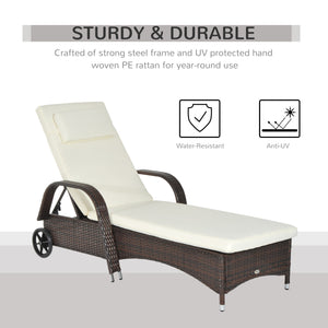 Chaise longue en résine tressée avec appui-tête, blanc crème