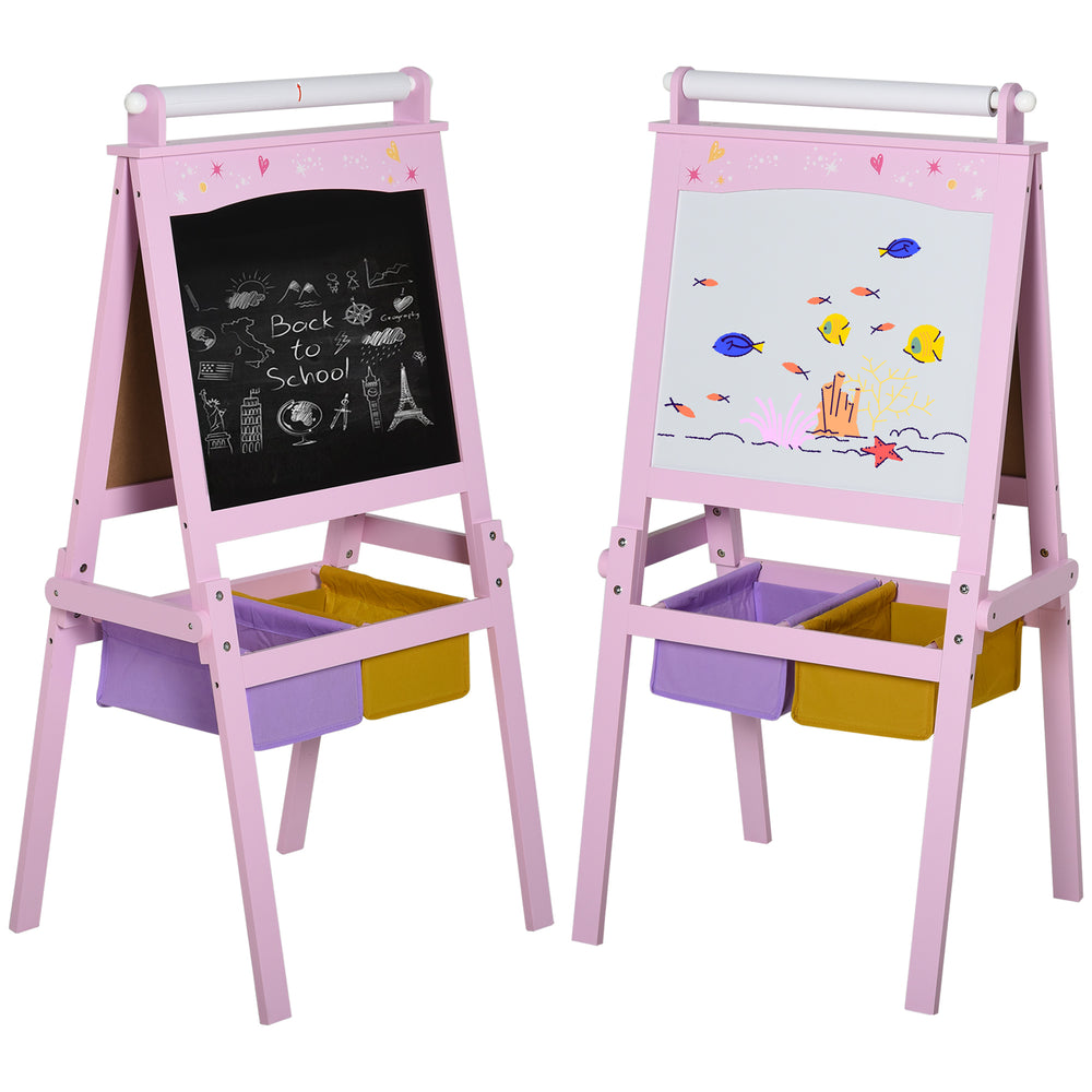 Chevalet d'art en bois 3 en 1 avec rouleau de papier, tableau noir et tableau blanc, rose