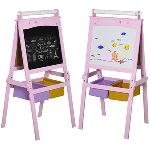 Chevalet d'art en bois 3 en 1 avec rouleau de papier, tableau noir et tableau blanc, rose