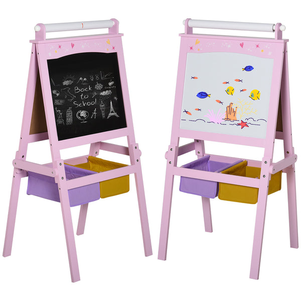 Chevalet d'art en bois 3 en 1 avec rouleau de papier, tableau noir et tableau blanc, rose