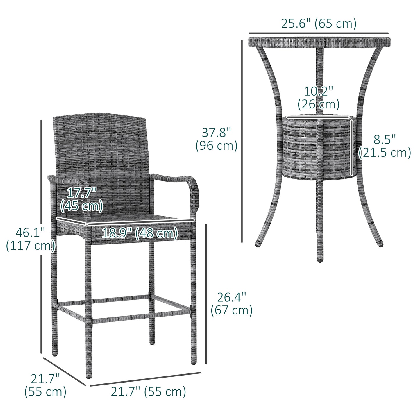 Outsunny 3 Piece Patio Bar Set, Rattan Bistro Table and Chairs, Garden Furniture with Ice Bucket, Grey Mix