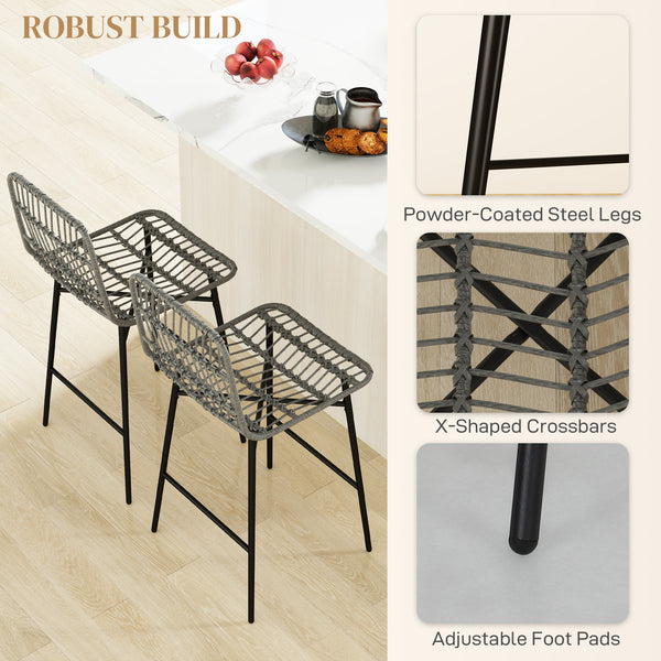 Set of 2 rattan bar stools, grey