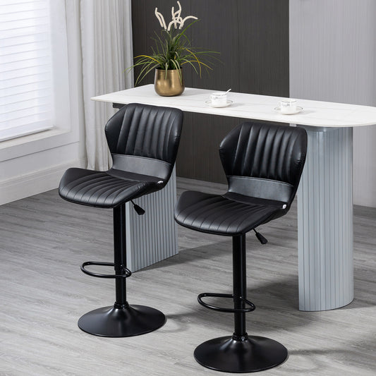 Set of 2 Adjustable PU Leather Swivel Stools with Chrome Base and Footrest, Black