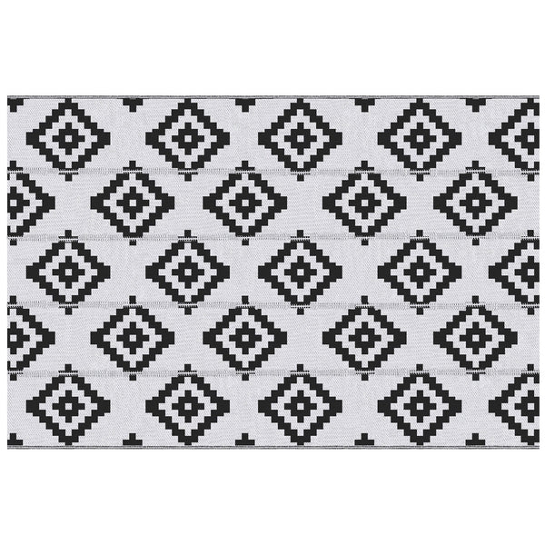Tapis d'extérieur réversible pour patio, tapis en paille plastique 6' x 9' pour jardin, terrasse, plage, camping, noir et blanc