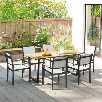 Table à manger d'extérieur en bois pour 6 personnes avec trou pour parasol, plateau à lattes, structure en métal