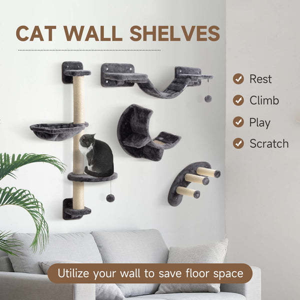 Mur d'escalade pour chat avec griffoir, balles et plateformes, gris foncé
