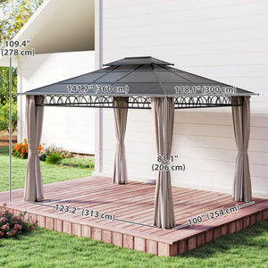 10' x 12' Outdoor Gazebo Canopy, Double Roof Hardtop Gazebo with Polycarbonate Roof, Steel Frame, Nettings and Curtains, for Garden, Lawn, Backyard and Deck, Khaki