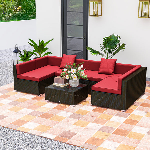 Ensemble de sectionnel 7 pièces en osier pour patio, rouge vin