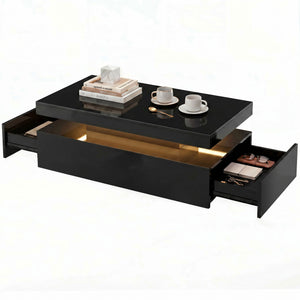 Table basse avec rangement à 2 niveaux et 2 tiroirs pour salon, noir brillant