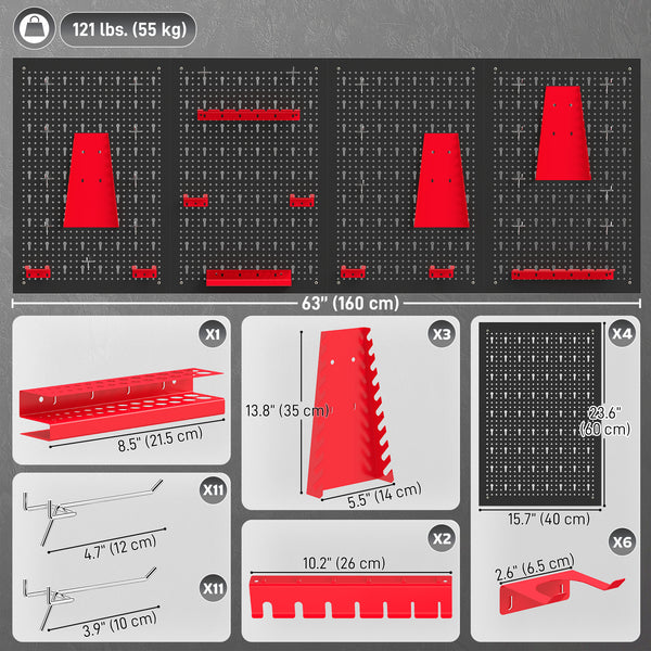 Organisateur mural d’outils en acier avec 4 panneaux, 12 supports et 22 crochets – Noir et rouge