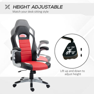 Chaise de gaming en cuir synthétique, hauteur réglable, accoudoirs relevables, roulettes pivotantes, rouge