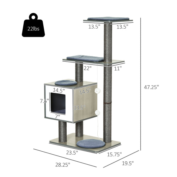 47.2" Cat Tree, Scratching Post, House with Sisal and Carpet - Grey