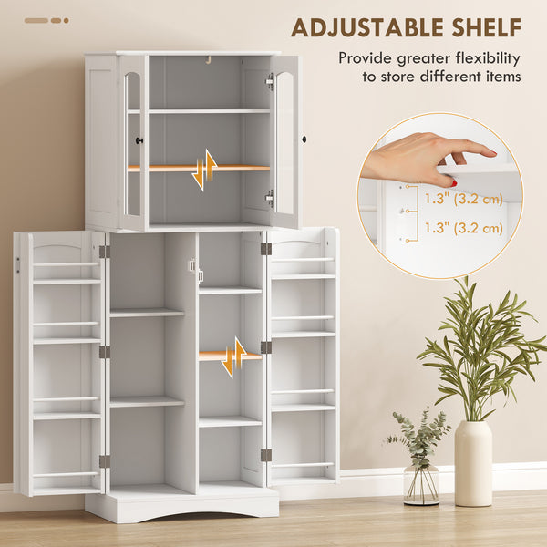 Armoire de cuisine avec portes en acrylique à fermeture amortie, 10 étagères et 8 supports de porte, blanche.