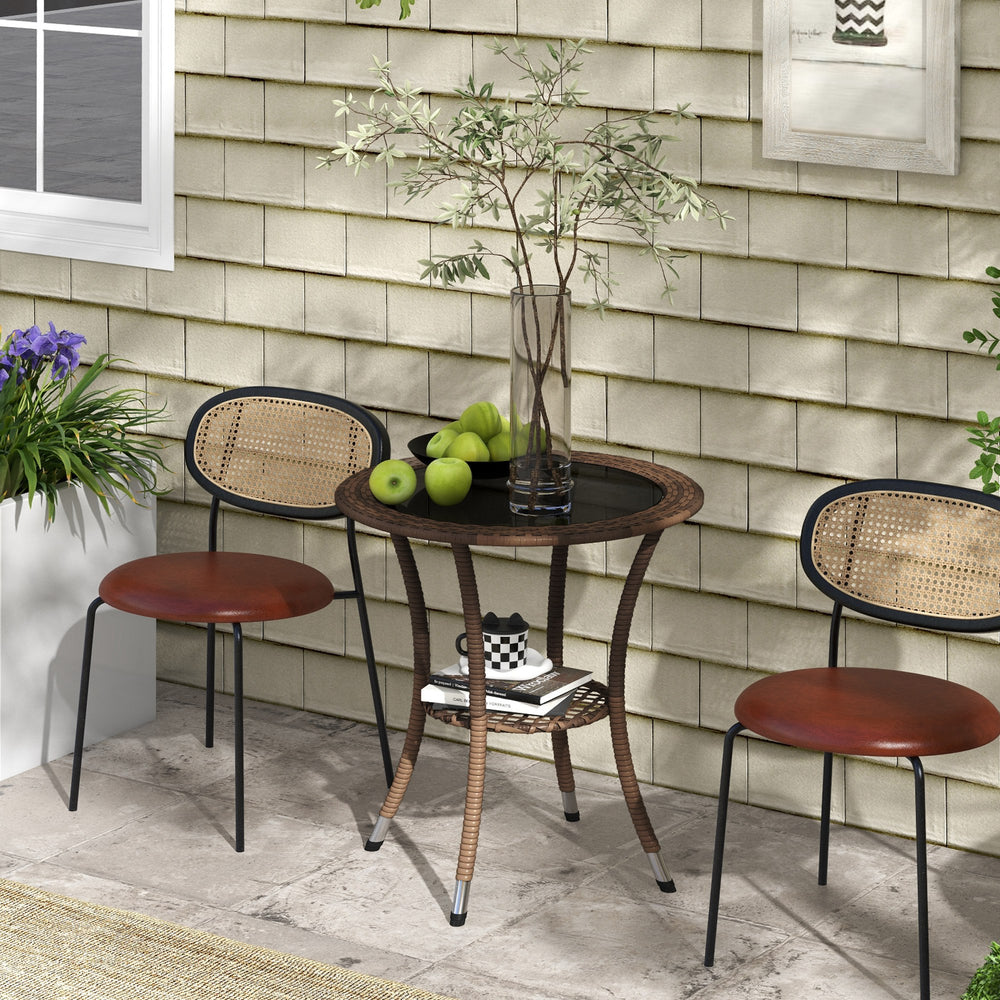 Table de salle à manger d'extérieur en rotin avec étagère de rangement à 2 niveaux, marron