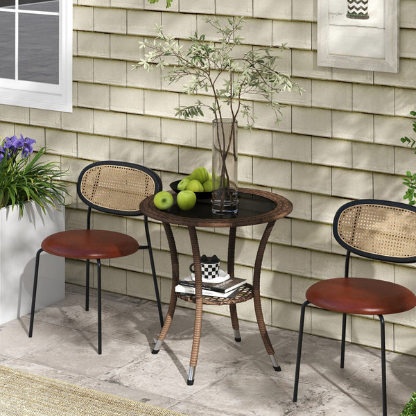 Table de salle à manger d'extérieur en rotin avec étagère de rangement à 2 niveaux, marron