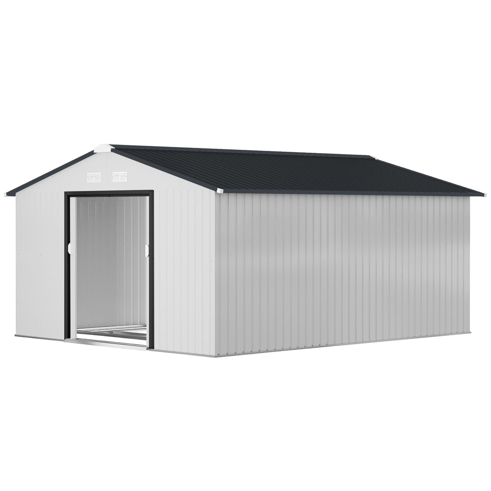 Abri de jardin 11' x 13' avec ensemble de fondation, en métal avec portes doubles, blanc