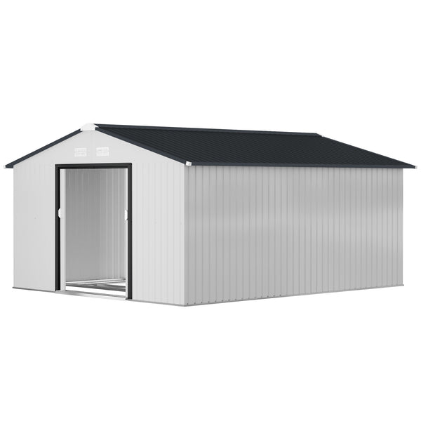 Abri de jardin 11' x 13' avec ensemble de fondation, en métal avec portes doubles, blanc